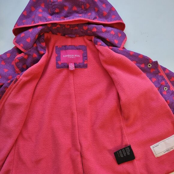 Girls 4T London Fog Hooded Jacket Coat Fleece Lined Pockets Purple & Pink Hearts - Picture 8 of 10